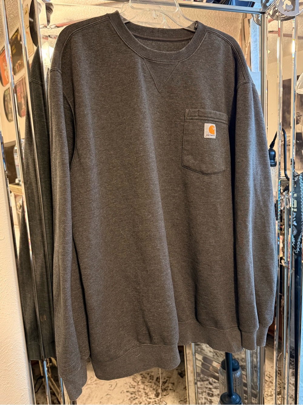 Carhartt Charcoal Crewneck Sweatshirt with Yellow Logo Patch pocket